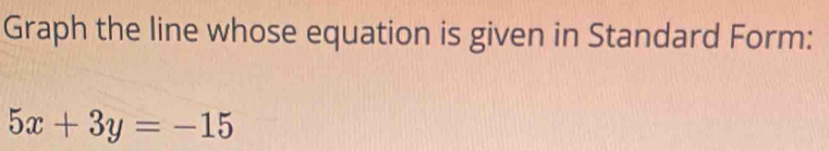 Graph the line whose equation is given in Standard Form:
5x+3y=-15