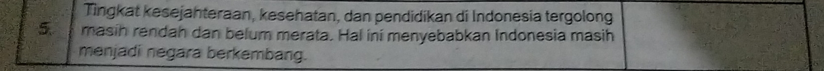 Tingkat kesejahteraan, kesehatan, dan pendidikan di Indonesia tergolong 
5. masih rendah dan belum merata. Hal ini menyebabkan Indonesia masih 
menjadi negara berkembang.