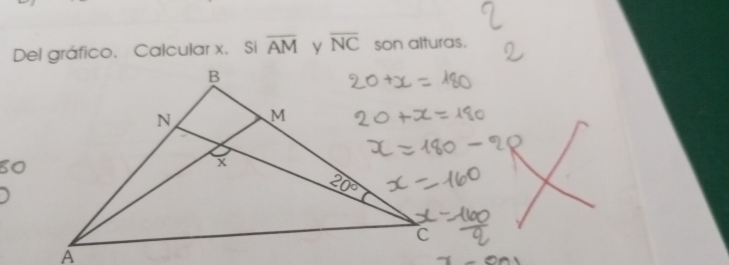 Del gráfico. Calcular x. Si overline AM y overline NC son alturas.
80