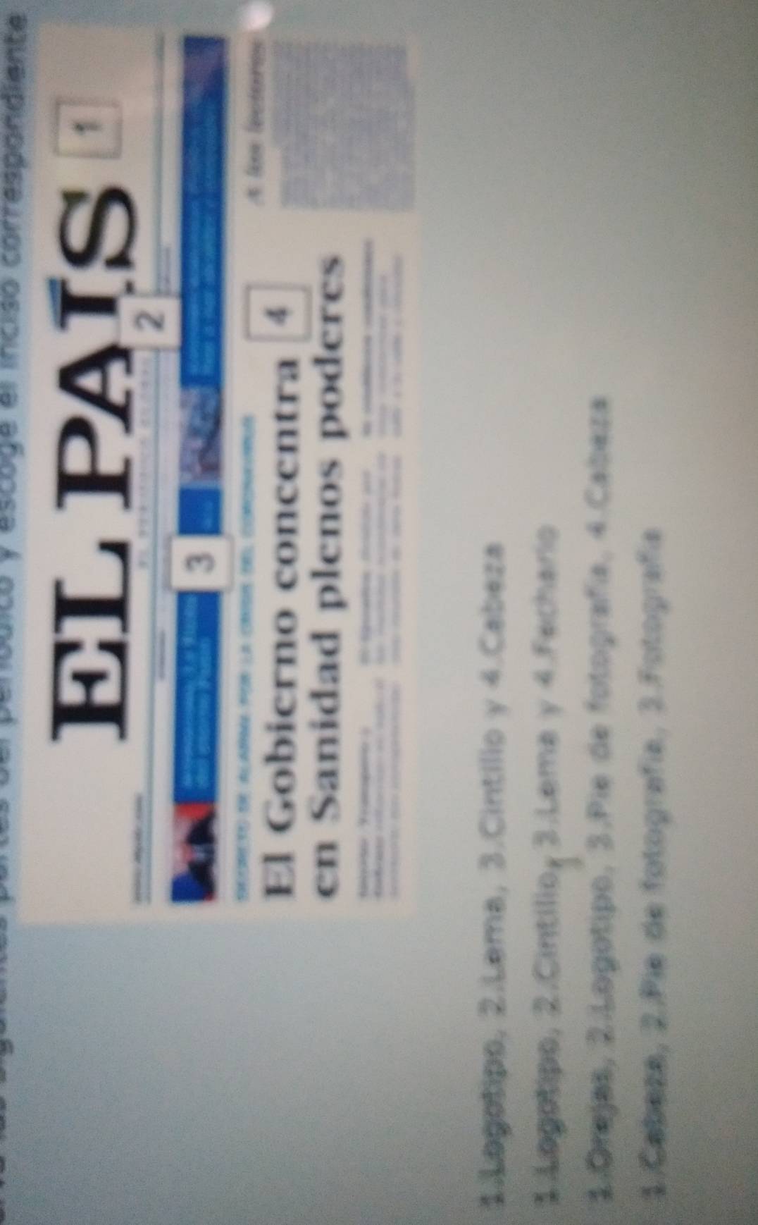 Co y escoge el incisó correspondiente 
ELPAÍS 1 
2 
3 
A los lectories 
El Gobierno concentra 4 
en Sanidad plenos poderes 


1.Logotipo, 2.Lema, 3.Cintilio y 4.Cabeza 
1.Logotipo, 2.Cintilio, 3.Lema y 4.Fechario 
1.Orejas, 2.Logotipo, 3.Pie de fotografía, 4.Cabeza 
1.Cabeza, 2.Pie de fotografía, 3.Fotografía