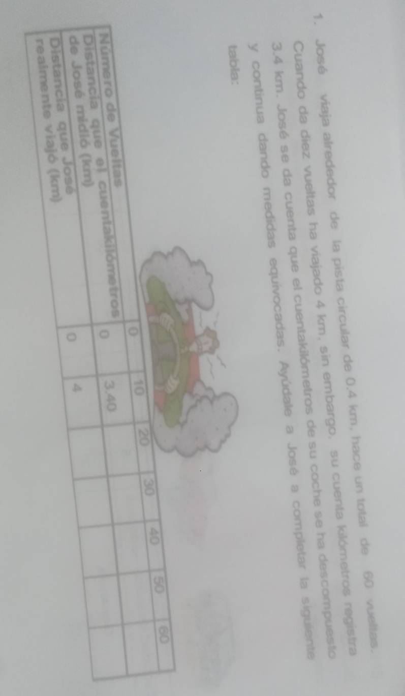 José viaja alrededor de la pista circular de 0.4 km, hace un total de 60 vueltas. 
Cuando da diez vueltas ha viajado 4 km, sin embargo, su cuenta kilómetros registra
3.4 km. José se da cuenta que el cuentakilómetros de su coche se ha descompuesto 
y continua dando medidas equívocadas. Ayúdale a José a completar la siguiente 
tabla: