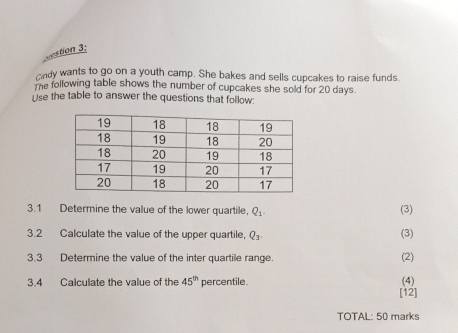 destion 3: 
ndy wants to go on a youth camp. She bakes and sells cupcakes to raise funds. 
The following table shows the number of cupcakes she sold for 20 days
Use the table to answer the questions that follow: 
3.1 Determine the value of the lower quartile. Q_1. (3) 
3.2 Calculate the value of the upper quartile, Q_3. (3) 
3.3 Determine the value of the inter quartile range. 
(2) 
3.4 Calculate the value of the 45^(th) percentile. (4) 
[12] 
TOTAL: 50 marks