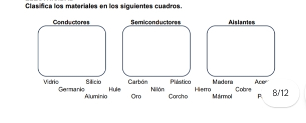 Clasifica los materiales en los siguientes cuadros. 
Conductores Semiconductores Aislantes 
Vidrio Silicio Carbón Plástico Madera Acer 
Germanio Hule Nilón Hierro Cobre 8/12
Aluminio Oro Corcho Mármol P、