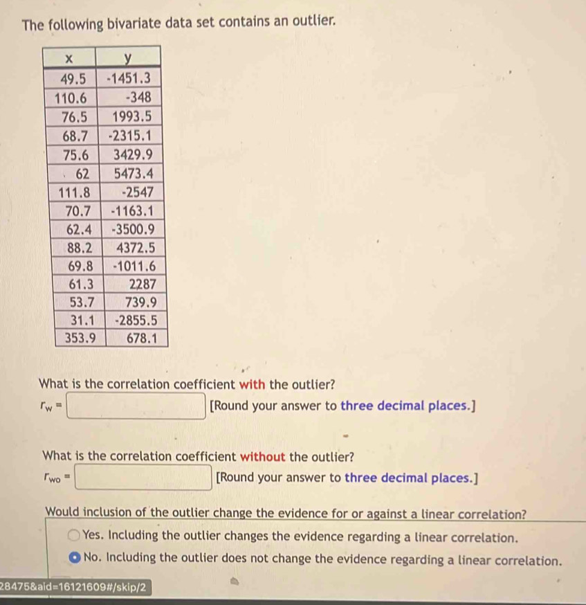 Solved: The following bivariate data set contains an outlier. What is ...