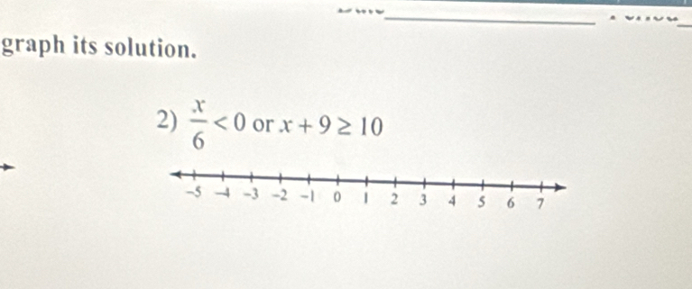 graph its solution. 
2)  x/6 <0</tex> or x+9≥ 10