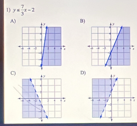 y≤  7/3 x-2
A) 
B 

C) 
D) 
r