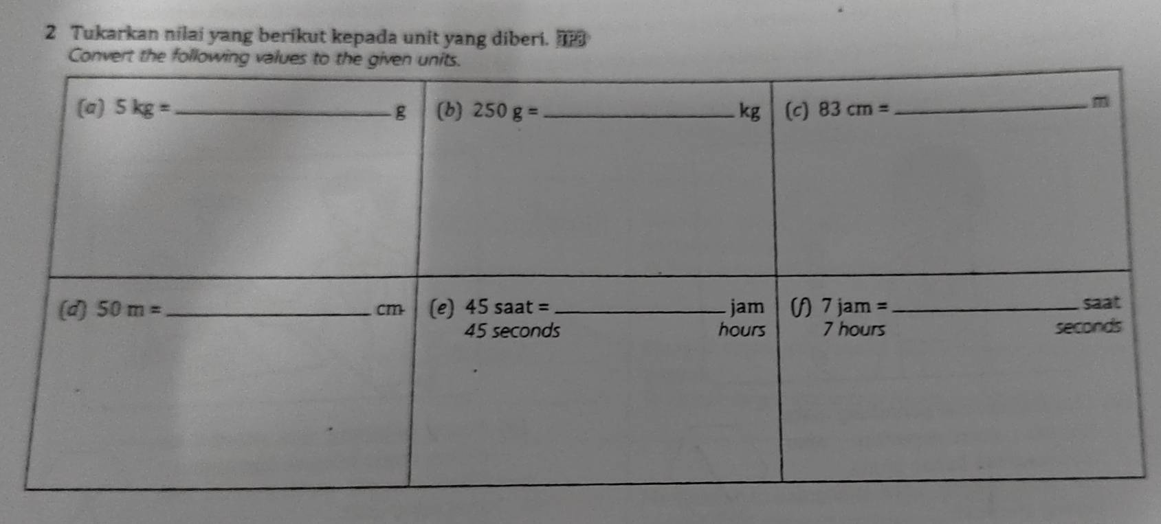 Tukarkan nilai yang berikut kepada unit yang diberi.