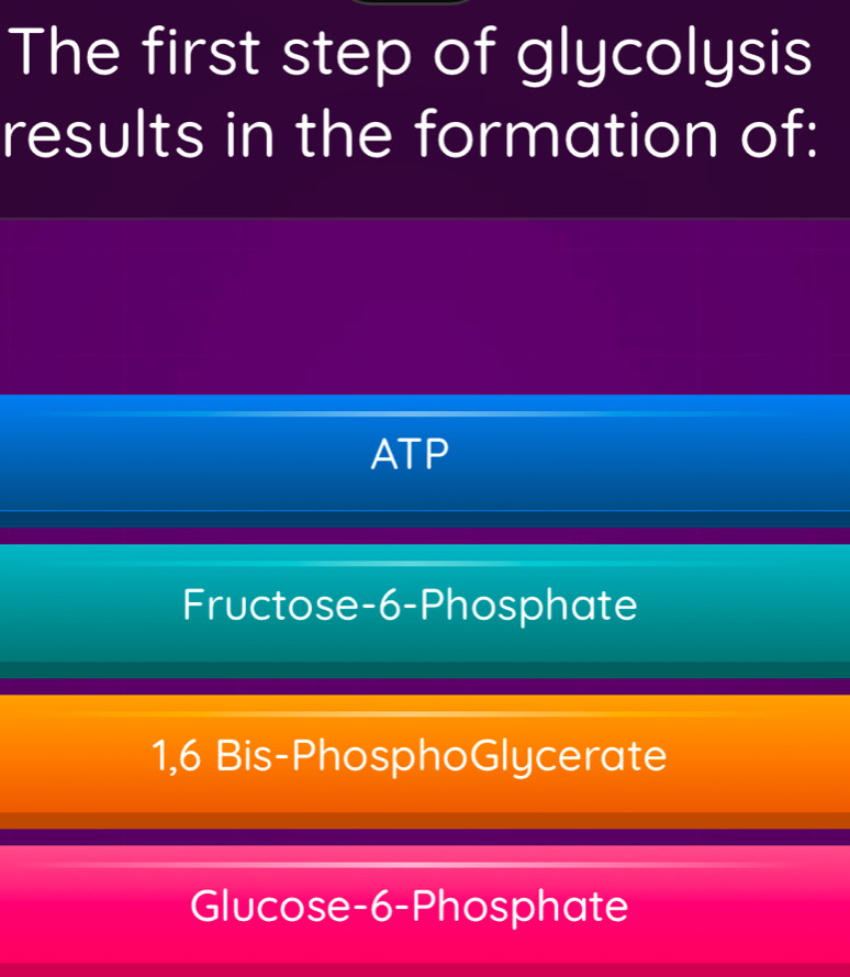 The first step of glycolysis
results in the formation of:
ATP
Fructose -6 -Phosphate
1,6 Bis-PhosphoGlycerate
Glucose- 6 -Phosphate