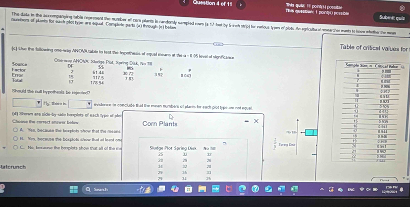 This quiz: 11 point(s) possible
Question 4 of 11  This question: 1 point(s) possible Submit quiz
The data in the accompanying table represent the number of corn plants in randomly sampled rows (a 17-foot by 5-inch strip) for various types of plots. An agricultural researcher wants to know whether the mean
numbers of plants for each plot type are equal. Complete parts (a) through (e) below.
Table of critical values for
(c) Use the following one-way ANOVA table to test the hypothesis of equal means at the a=0 1.05 level of significance.
One-way ANOVA: Sludge Plot, Spring Disk, No Till 
Source DF SS MS F
Factor 61.44 30.72 3 92 0.043
Error
Total 17 178.94 117.5 7.83
Should the null hypothesis be rejected? 
Ho; there is evidence to conclude that the mean numbers of plants for each plot type are not equal 
(d) Shown are side-by-side boxplots of each type of plot 
Choose the correct answer below. Corn Plants
A. Yes, because the boxplots show that the means No Till
B. Yes, because the boxplots show that at least on
 1/3 
C. No, because the boxplots show that all of the me Sludge Plot Spring Disk No Till Spring Dask
25 32 32
28 29 26
tatcrunch 34 32 28
29 35 33
29 34 25 Neiet
Search 2:56 PM
12/9/2024