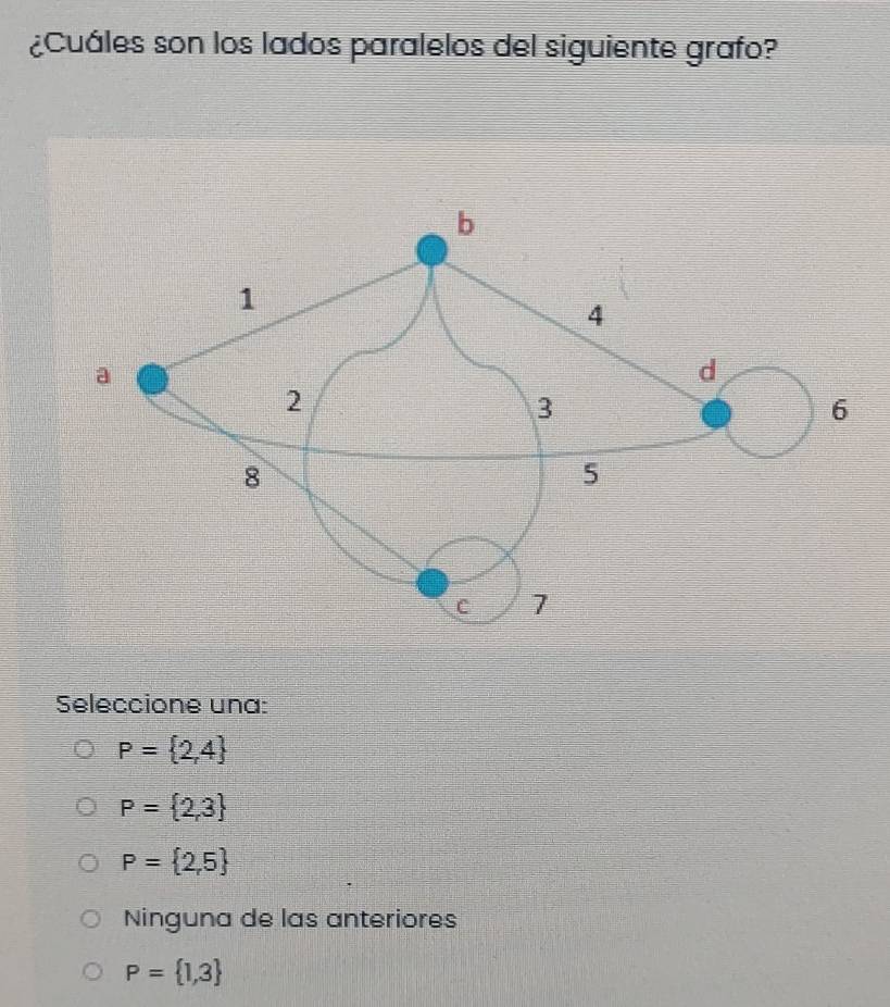 ¿Cuáles son los lados paralelos del siguiente grafo?
Seleccione una:
P= 2,4
P= 2,3
P= 2,5
Ninguna de las anteriores
P= 1,3