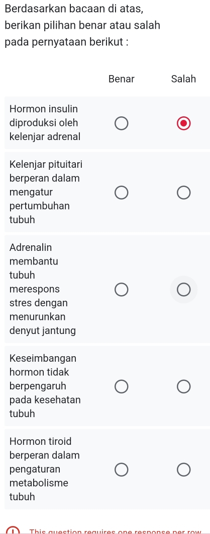 Berdasarkan bacaan di atas, 
berikan pilihan benar atau salah 
pada pernyataan berikut : 
Benar Salah 
Hormon insulin 
diproduksi oleh 
kelenjar adrenal 
Kelenjar pituitari 
berperan dalam 
mengatur 
pertumbuhan 
tubuh 
Adrenalin 
membantu 
tubuh 
merespons 
stres dengan 
menurunkan 
denyut jantung 
Keseimbangan 
hormon tidak 
berpengaruh 
pada kesehatan 
tubuh 
Hormon tiroid 
berperan dalam 
pengaturan 
metabolisme 
tubuh 
Thie quection requiree ene recponçe ner row