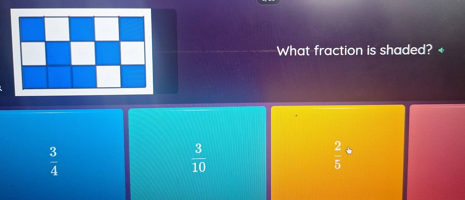 What fraction is shaded? +
 3/4 
 3/10 
 2/5 b