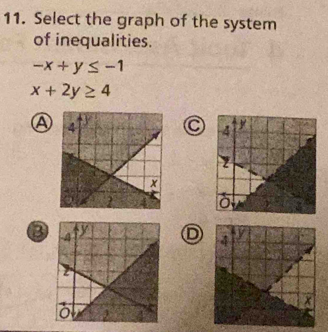 Select the graph of the system
of inequalities.
-x+y≤ -1
x+2y≥ 4
A
C
3D