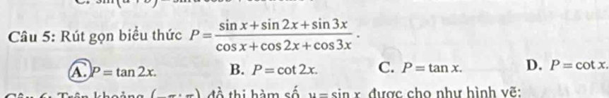 Rút gọn biểu thức P= (sin x+sin 2x+sin 3x)/cos x+cos 2x+cos 3x .
A P=tan 2x. B. P=cot 2x. C. P=tan x. D. P=cot x.
(_ ,_ ) đồ thi hàm sin x=sin x được cho như hình vẽ: