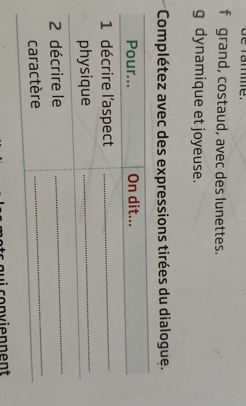 de ramme. 
f grand, costaud, avec des lunettes. 
g dynamique et joyeuse. 
Complétez avec des expressions tirées du dialogue.