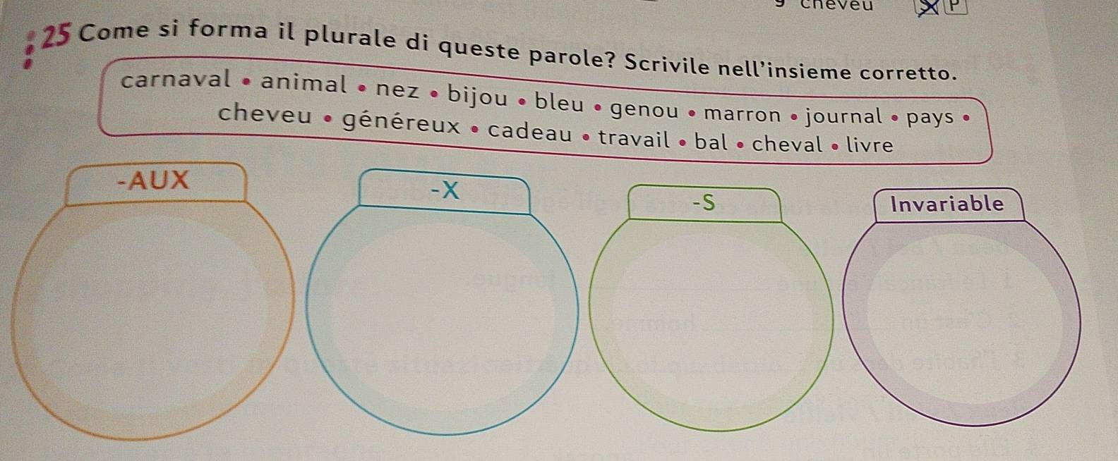 cheveu
25 Come si forma il plurale di queste parole? Scrivile nell’insieme corretto.
carnaval • animal • nez • bijou • bleu • genou • marron • journal • pays
cheveu • généreux • cadeau • travail • bal • cheval • livre
-AUX
-X
-S Invariable