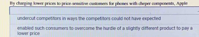 By charging lower prices to price-sensitive customers for phones with cheper components, Apple 
undercut competitors in ways the competitors could not have expected 
enabled such consumers to overcome the hurdle of a slightly different product to pay a 
lower price