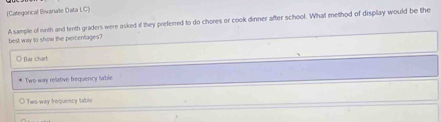 (Categorical Bivariate Data LC)
A sample of ninth and tenth graders were asked if they preferred to do chores or cook dinner after school. What method of display would be the
best way to show the percentages?
Bar chart
Two-way relative frequency table
Two-way frequency table