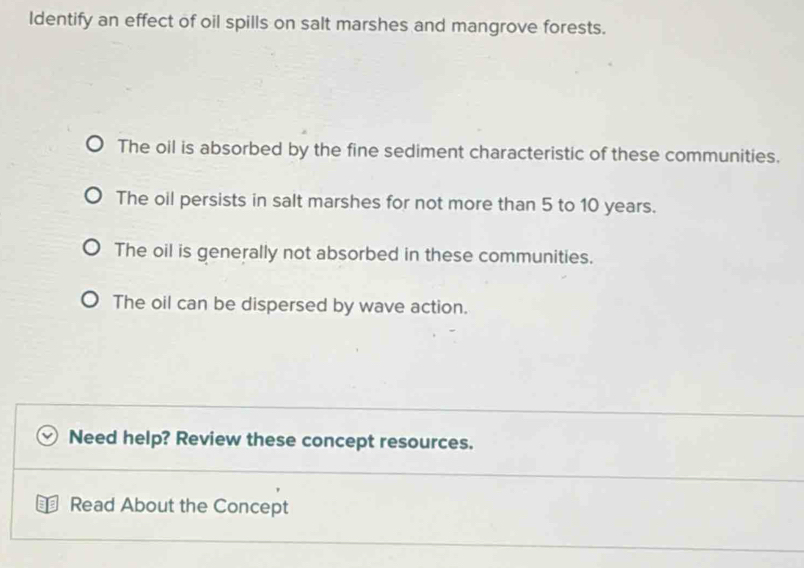 ldentify an effect of oil spills on salt marshes and mangrove forests.
The oil is absorbed by the fine sediment characteristic of these communities.
The oil persists in salt marshes for not more than 5 to 10 years.
The oil is generally not absorbed in these communities.
The oil can be dispersed by wave action.
Need help? Review these concept resources.
Read About the Concept