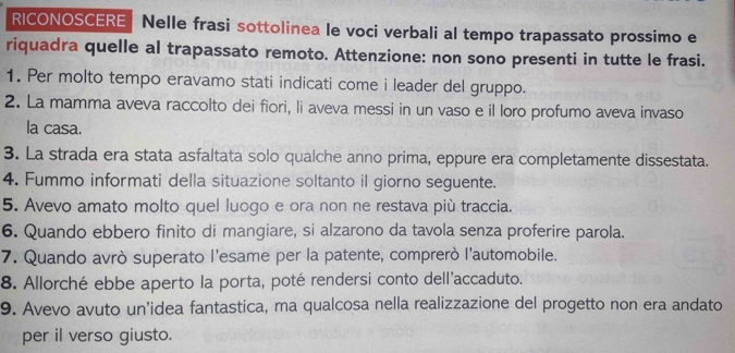 RICONOSCERE | Nelle frasi sottolinea le voci verbali al tempo trapassato prossimo e 
riquadra quelle al trapassato remoto. Attenzione: non sono presenti in tutte le frasi. 
1. Per molto tempo eravamo stati indicati come i leader del gruppo. 
2. La mamma aveva raccolto dei fiori, li aveva messi in un vaso e il loro profumo aveva invaso 
la casa. 
3. La strada era stata asfaltata solo qualche anno prima, eppure era completamente dissestata. 
4. Fummo informati della situazione soltanto il giorno seguente. 
5. Avevo amato molto quel luogo e ora non ne restava più traccia. 
6. Quando ebbero finito di mangiare, si alzarono da tavola senza proferire parola. 
7. Quando avrò superato l'esame per la patente, comprerò l'automobile. 
8. Allorché ebbe aperto la porta, poté rendersi conto dell'accaduto. 
9. Avevo avuto un’idea fantastica, ma qualcosa nella realizzazione del progetto non era andato 
per il verso giusto.