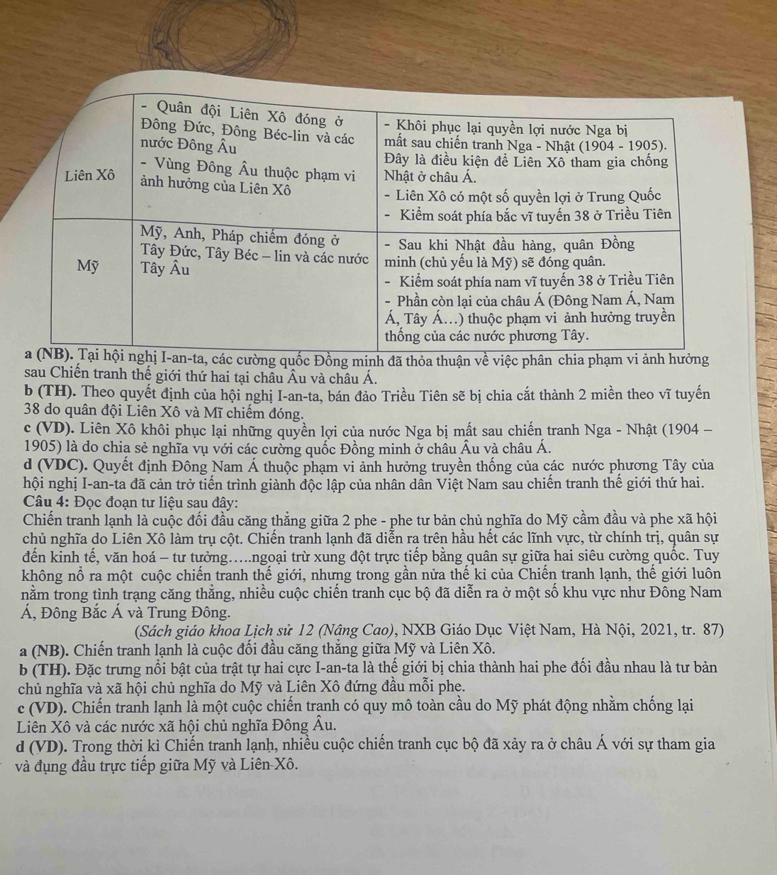 sau Chiến tranh thế giới thứ hai tại châu Âu và châu Á.
b (TH). Theo quyết định của hội nghị I-an-ta, bán đảo Triều Tiên sẽ bị chia cắt thành 2 miền theo vĩ tuyến
38 do quân đội Liên Xô và Mĩ chiếm đóng.
c (VD). Liên Xô khôi phục lại những quyền lợi của nước Nga bị mất sau chiến tranh Nga - Nhật (1904 -
1905) là do chia sẻ nghĩa vụ với các cường quốc Đồng minh ở châu Âu và châu Á.
d (VDC). Quyết định Đông Nam Á thuộc phạm vi ảnh hưởng truyền thống của các nước phương Tây của
hội nghị I-an-ta đã cản trở tiến trình giành độc lập của nhân dân Việt Nam sau chiến tranh thể giới thứ hai.
Câu 4: Đọc đoạn tư liệu sau đây:
Chiến tranh lạnh là cuộc đối đầu căng thẳng giữa 2 phe - phe tư bản chủ nghĩa do Mỹ cầm đầu và phe xã hội
chủ nghĩa do Liên Xô làm trụ cột. Chiến tranh lạnh đã diễn ra trên hầu hết các lĩnh vực, từ chính trị, quân sự
đến kinh tế, văn hoá - tư tưởng....ngoại trừ xung đột trực tiếp bằng quân sự giữa hai siêu cường quốc. Tuy
không nổ ra một cuộc chiến tranh thế giới, nhưng trong gần nửa thế kỉ của Chiến tranh lạnh, thế giới luôn
nằm trong tình trạng căng thẳng, nhiều cuộc chiến tranh cục bộ đã diễn ra ở một số khu vực như Đông Nam
Á, Đông Bắc Á và Trung Đông.
(Sách giáo khoa Lịch sử 12 (Nậng Cao), NXB Giáo Dục Việt Nam, Hà Nội, 2021, tr. 87)
a (NB). Chiến tranh lạnh là cuộc đối đầu căng thắng giữa Mỹ và Liên Xô.
b (TH). Đặc trưng nổi bật của trật tự hai cực I-an-ta là thế giới bị chia thành hai phe đối đầu nhau là tư bản
chủ nghĩa và xã hội chủ nghĩa do Mỹ và Liên Xô đứng đầu mỗi phe.
c (VD). Chiến tranh lạnh là một cuộc chiến trạnh có quy mô toàn cầu do Mỹ phát động nhằm chống lại
Liên Xô và các nước xã hội chủ nghĩa Đông Âu.
d (VD). Trong thời kì Chiến tranh lạnh, nhiều cuộc chiến tranh cục bộ đã xảy ra ở châu Á với sự tham gia
và đụng đầu trực tiếp giữa Mỹ và Liên Xô.