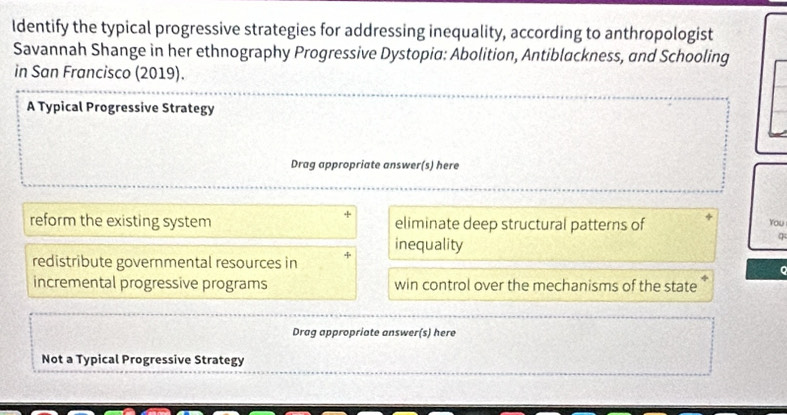 Identify the typical progressive strategies for addressing inequality, according to anthropologist
Savannah Shange in her ethnography Progressive Dystopia: Abolition, Antiblackness, and Schooling
in San Francisco (2019).
A Typical Progressive Strategy
Drag appropriate answer(s) here
reform the existing system eliminate deep structural patterns of You
inequality
q
redistribute governmental resources in
incremental progressive programs win control over the mechanisms of the state
Drag appropriate answer(s) here
Not a Typical Progressive Strategy