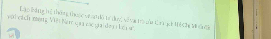 Lập bảng hệ thống (hoặc vẽ sơ đố tư duy) về vai trò của Chủ tịch Hồ Chí Minh đối 
với cách mạng Việt Nam qua các giai đoạn lịch sử.