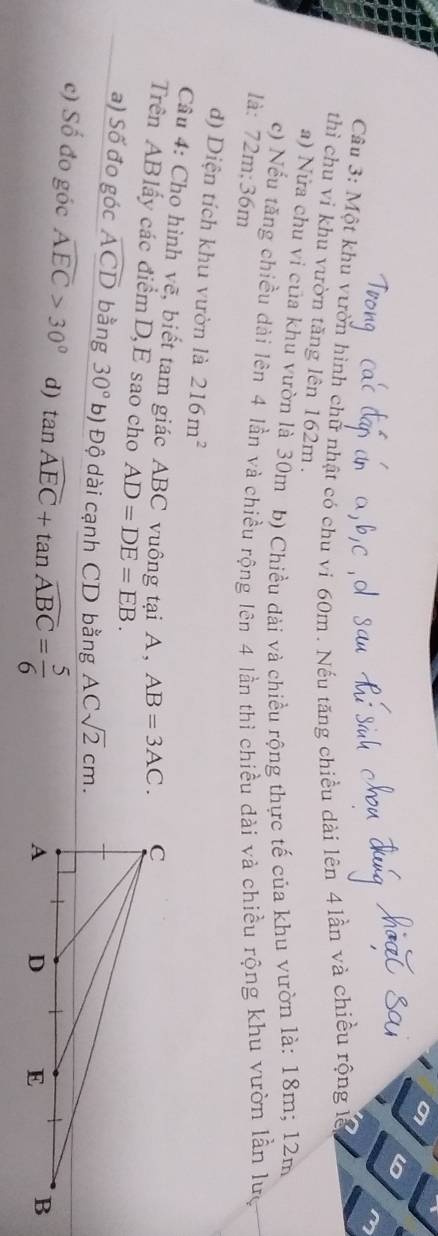 Một khu vườn hình chữ nhật có chu vi 60m. Nếu tăng chiều dài lên 4 lần và chiều rộng lễ 
thì chu vi khu vườn tăng lên 162m. 
a) Nửa chu vi của khu vườn là 30m b) Chiều dài và chiều rộng thực tế của khu vườn là: 18m; 12m
c) Nếu tăng chiều dài lên 4 lần và chiều rộng lên 4 lần thì chiều dài và chiều rộng khu vườn lần lưc 
là: 72m; 36m
đ) Diện tích khu vườn là 216m^2
Câu 4: Cho hình vẽ, biết tam giác ABC vuông tại A, AB=3AC. 
Trên ABlấy các điểmD,E sao cho AD=DE=EB. 
a) Số đo góc widehat ACD bằng 30° b) Độ dài cạnh CD bằng ACsqrt(2)cm. 
c) Số đo góc widehat AEC>30° d) tan widehat AEC+tan widehat ABC= 5/6 