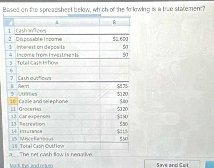 Based on the spreadsheet below, which of the following is a true statement?
a The net cash flow is negative.
Mark this and return Save and Exit