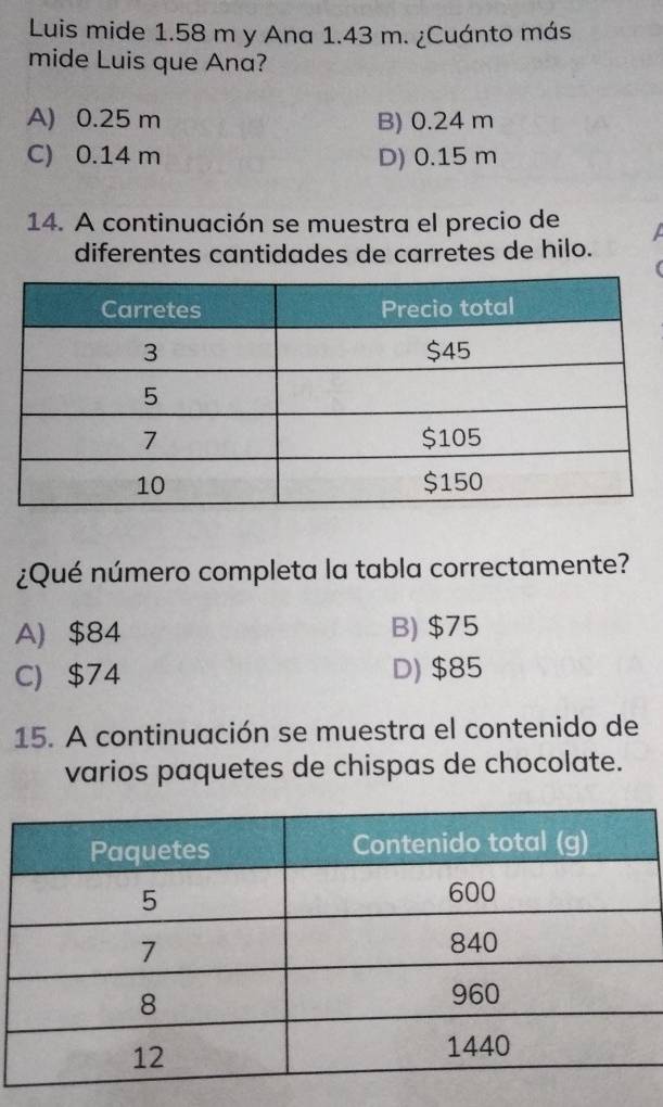 Luis mide 1.58 m y Ana 1.43 m. ¿Cuánto más
mide Luis que Ana?
A) 0.25 m B) 0.24 m
C) 0.14 m D) 0.15 m
14. A continuación se muestra el precio de
diferentes cantidades de carretes de hilo.
¿Qué número completa la tabla correctamente?
A) $84 B) $75
C) $74 D) $85
15. A continuación se muestra el contenido de
varios paquetes de chispas de chocolate.