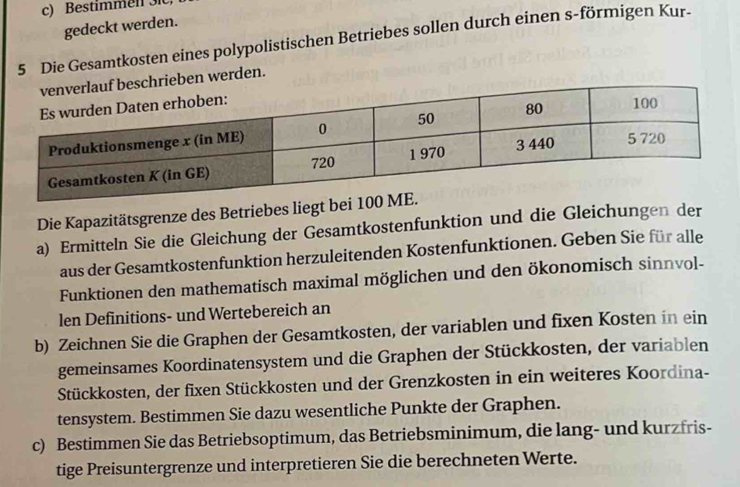 Bestimmén sic 
gedeckt werden. 
5 Die Gesamtkosten eines polypolistischen Betriebes sollen durch einen s-förmigen Kur- 
rieben werden. 
Die Kapazitätsgrenze des Betriebes liegt bei 
a) Ermitteln Sie die Gleichung der Gesamtkostenfunktion und die Gleichungen der 
aus der Gesamtkostenfunktion herzuleitenden Kostenfunktionen. Geben Sie für alle 
Funktionen den mathematisch maximal möglichen und den ökonomisch sinnvol- 
len Definitions- und Wertebereich an 
b) Zeichnen Sie die Graphen der Gesamtkosten, der variablen und fixen Kosten in ein 
gemeinsames Koordinatensystem und die Graphen der Stückkosten, der variablen 
Stückkosten, der fixen Stückkosten und der Grenzkosten in ein weiteres Koordina- 
tensystem. Bestimmen Sie dazu wesentliche Punkte der Graphen. 
c) Bestimmen Sie das Betriebsoptimum, das Betriebsminimum, die lang- und kurzfris- 
tige Preisuntergrenze und interpretieren Sie die berechneten Werte.