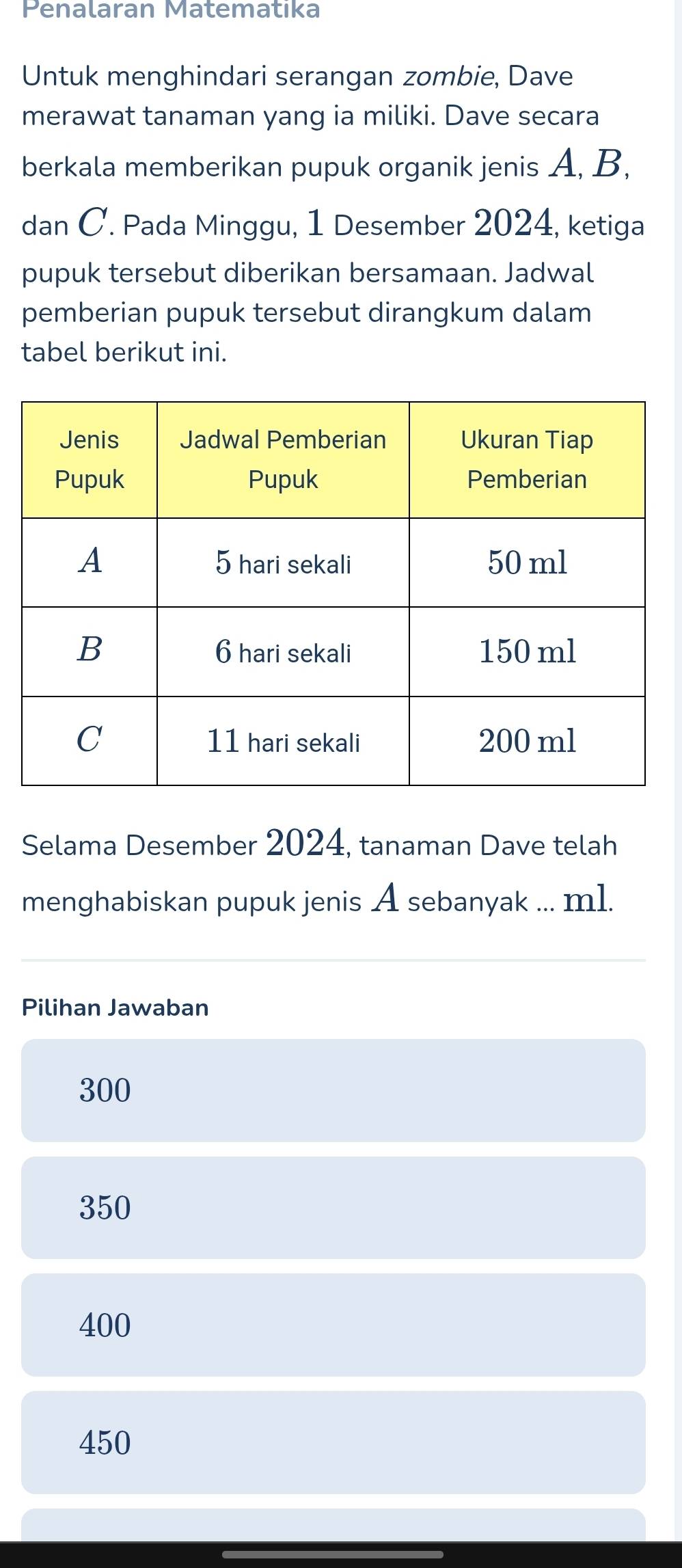 Penalaran Matematika
Untuk menghindari serangan zombie, Dave
merawat tanaman yang ia miliki. Dave secara
berkala memberikan pupuk organik jenis A, B,
dan C. Pada Minggu, 1 Desember 2024, ketiga
pupuk tersebut diberikan bersamaan. Jadwal
pemberian pupuk tersebut dirangkum dalam
tabel berikut ini.
Selama Desember 2024, tanaman Dave telah
menghabiskan pupuk jenis A sebanyak ... m1.
Pilihan Jawaban
300
350
400
450