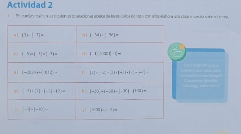 Actividad 2
1. En parejas realicen las siguientes operaciones acerca de leyes de los signos y con ellos elabora una clase muestra sobre el tema.
Las pletaformes que
ueden usar pata subi
us archives son Gnogle
Clasproom, Moodle
chology, entre otros.