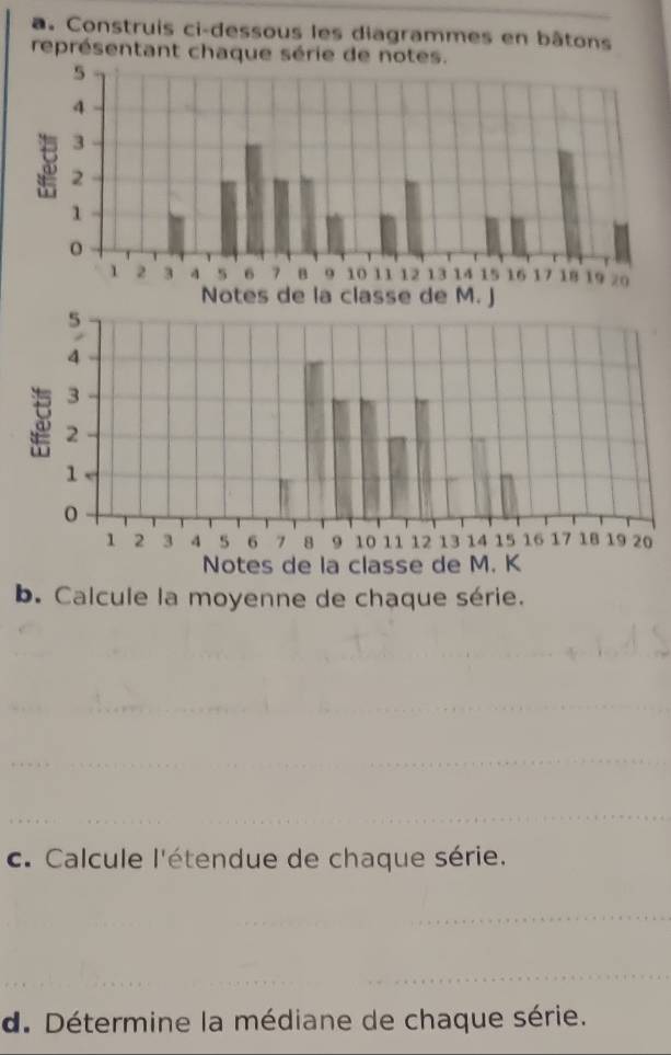 Construis ci-dessous les diagrammes en bâtons 
représentant chaque série de not 
b. Calcule la moyenne de chaque série. 
c. Calcule l'étendue de chaque série. 
d. Détermine la médiane de chaque série.