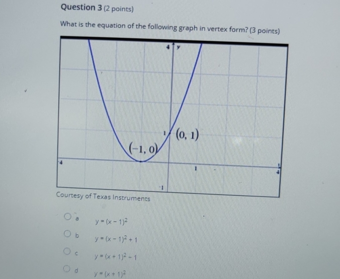 What is the equation of the following graph in vertex form? (3 points)
a y=(x-1)^2
b y=(x-1)^2+1
C y=(x+1)^2-1
d y=(x+1)^2