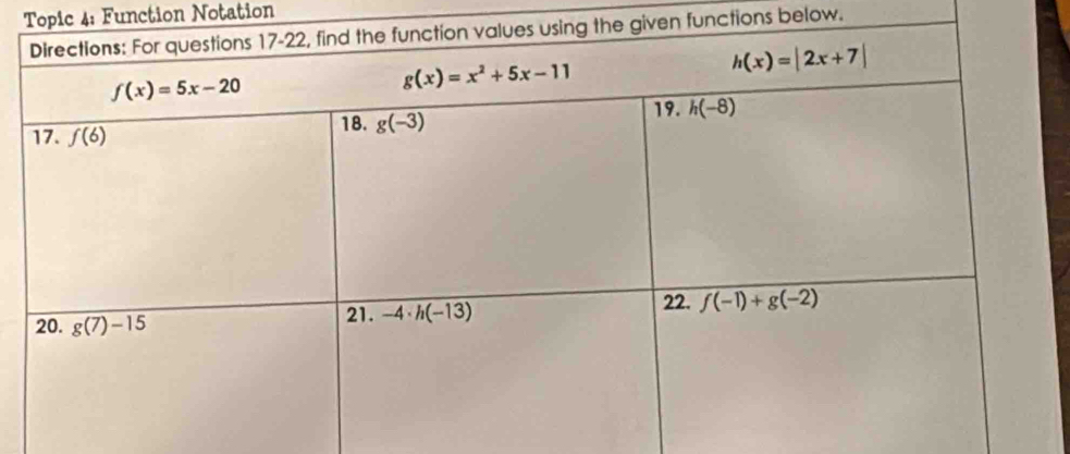 Topic 4: Function Notation
en functions below.