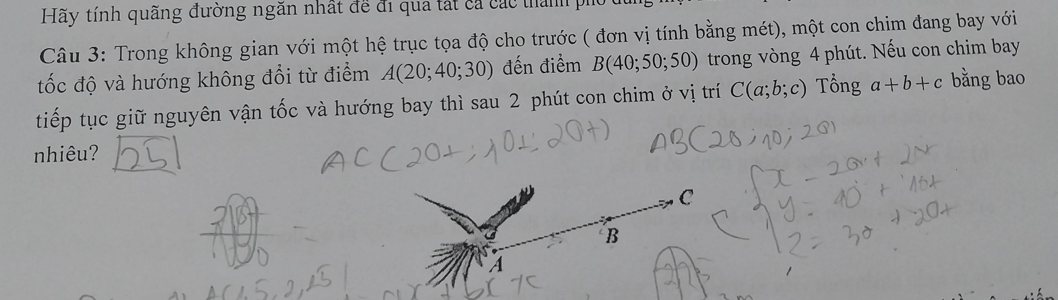 Hãy tính quãng đường ngăn nhất đề đi qua tát cả các thành phố đ
Câu 3: Trong không gian với một hệ trục tọa độ cho trước ( đơn vị tính bằng mét), một con chim đang bay với
tốc độ và hướng không đổi từ điểm A(20;40;30) đến điểm B(40;50;50) trong vòng 4 phút. Nếu con chim bay
tiếp tục giữ nguyên vận tốc và hướng bay thì sau 2 phút con chim ở vị trí C(a;b;c) Tổng a+b+c bằng bao
nhiêu?
C
B
A