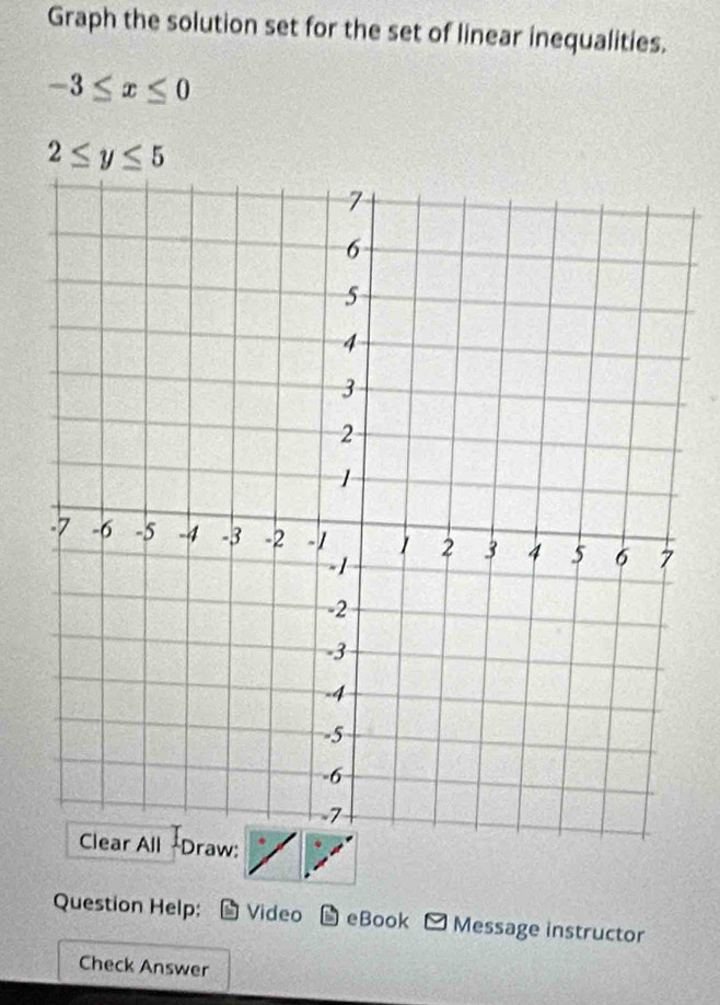 Graph the solution set for the set of linear inequalities.
-3≤ x≤ 0
2≤ y≤ 5
Draw: 
Question Help: Video eBook Message instructor 
Check Answer