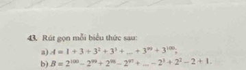 Rút gọn mỗi biểu thức sau: 
a) A=1+3+3^2+3^3+...+3^(99)+3^(100); 
b) B=2^(100)-2^(99)+2^(98)-2^(97)+...-2^3+2^2-2+1.