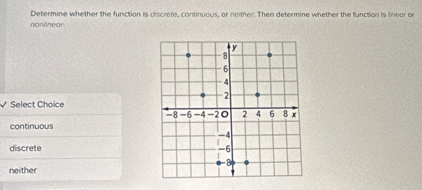 Determine whether the function is discrete, continuous, or neither. Then determine whether the function is linear or
nonlinear
Select Choice
continuous
discrete
neither