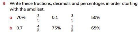 Write these fractions, decimals and percentages in order starting 
with the smallest. 
a 70%  2/5  0.1  3/5  50%
b 0.7  4/5  75%  3/5  65%