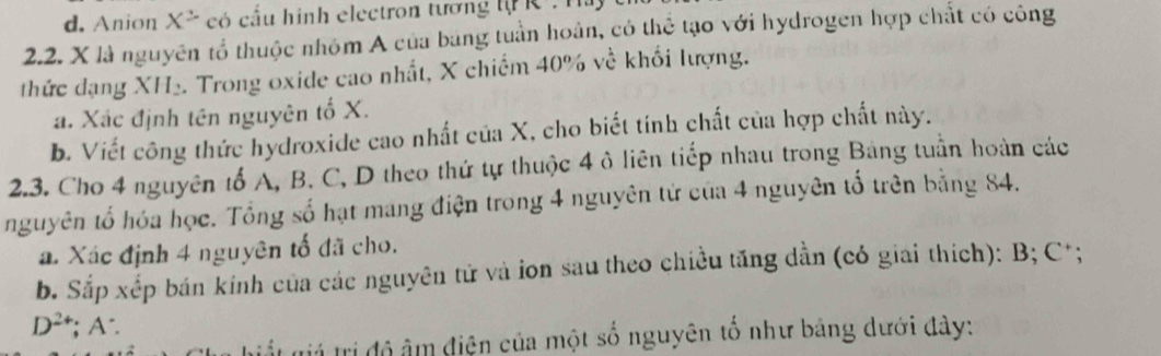 d. Anion X^2 có cầu hình electron tương tự R . T
2.2. X là nguyên tổ thuộc nhóm A của bảng tuần hoàn, có thể tạo với hydrogen hợp chất có công
thức đạng XH₂. Trong oxide cao nhất, X chiếm 40% về khối lượng.
a. Xác định tên nguyên tố X.
b. Viết công thức hydroxide cao nhất của X, cho biết tính chất của hợp chất này.
2.3. Cho 4 nguyên tổ A, B. C, D theo thứ tự thuộc 4 ô liên tiếp nhau trong Bảng tuần hoàn các
nguyên tổ hóa học. Tổng số hạt mang điện trong 4 nguyên tử của 4 nguyên tổ trên bằng 84.
a. Xác định 4 nguyên tố đã cho.
b. Sắp xếp bán kính của các nguyên tử và ion sau theo chiều tăng dẫn (có giai thích): B; C *;
D^(24); A
tri trị độ âm điện của một số nguyên tố như bảng dưới đây: