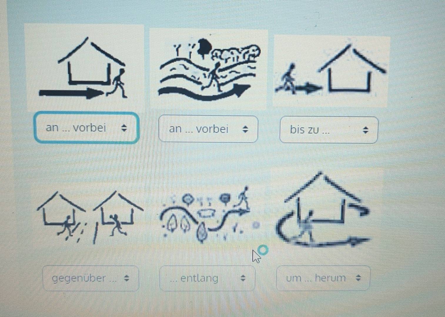 Resuelto:an _vorbei an _vorbei bis zu_ gegenüber $ entlang
