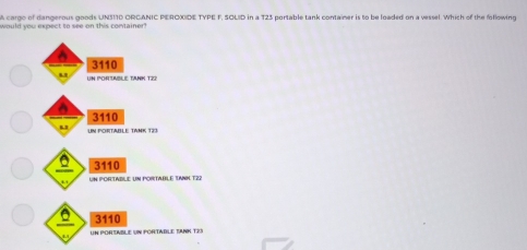 A cargo of dangerous goods UN3110 ORCANIC PEROXIDE TYPE F, SOLID in a 123 portable tank container is to be loaded on a vessel. Which of the following
would you expect to see on this container!
3110
Un Pchta e tann từ
3110
UN PORTABLE TANK 123
3110
3110
UN POH AS I UN POH TAELE TNK T2