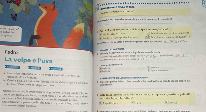 COMPRENSIONE DELLA STORIA
_
_
f Quando si svolge la vicenda?
_
# Upasso iN PID Quale elemento della storia ti ha permesso di rispondere?
cendo la volpe?
le potrebbe
¿ Qual è il vero motivo per cui la volpe non mangia l'uva?
di questa
A Perché non ha fame C Perché una cornacchia la distrae
# Perché si accorge che è acerba Perché non riesce a raggiungerla
un passo in PIū La volpe a chi dà spiegazioni per la sua rinuncia?_
Fedro
ANALISI DELLA FORMA
3 Completa il seguente testo che spiega la morale della favola.
La favela insegna che le persone cercano delle _e dícono delle_
La volpe e ||^y uva
quando non vogliono ammettere la propria_
4 La morale della favola è:
esplicita
AMBIZIONE  DESIDERi ILLUSIONE C assente D ripetuta due volte
⑨ implicita
Una volpe affamata cerca in tutti i modi di prendere un
grappolo d'uva lontano. ALLENAMENTO DI LESSICO E GRAMMÁTICA
Questa favola è talmente famosa che ha dato origine a un modo 5 Che cosa significa il detto "Fare come la volpe con l'uva", che prende spunto proprio da
di dire: "Fare come la volpe con l'uva".
questa favola?
_
Spinta dalla fame, la volpe cercava di prendere l'uva da un'alta vite, sal-
tando con tutte le sue forze, ma non riuscì a toccarla; allora andandose- # Nella frase «allora andandosene disse», con quale espressione potresti
ne disse: - Non è ancora matura; non voglio coglierla acerba. sostituire la parola "allora"?
Chi sminuisce a parole quello che non è in grado di fare, dovrà riferire A A quell'epoca B  Però Perció
a se stesso questo esempio.
7 Nella lamua italiana aí sana malti medi di dira she fanno riferimento el mondo animale