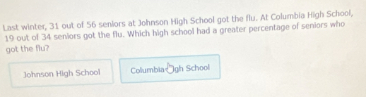 Last winter, 31 out of 56 seniors at Johnson High School got the flu. At Columbia High School,
19 out of 34 seniors got the flu. Which high school had a greater percentage of seniors who
got the flu?
Johnson High School Columbia