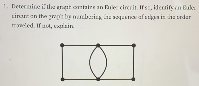 Determine if the graph contains an Euler circuit. If so, identify an Euler 
circuit on the graph by numbering the sequence of edges in the order 
traveled. If not, explain.