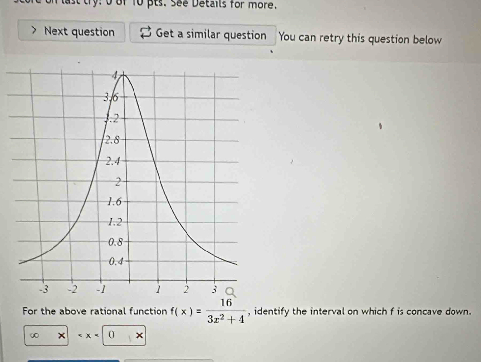 last try: 0 of 10 pts. See Details for more. 
Next question Get a similar question You can retry this question below 
For the above rational function f(x)= 16/3x^2+4  , identify the interval on which f is concave down. 
∞ 0 ×