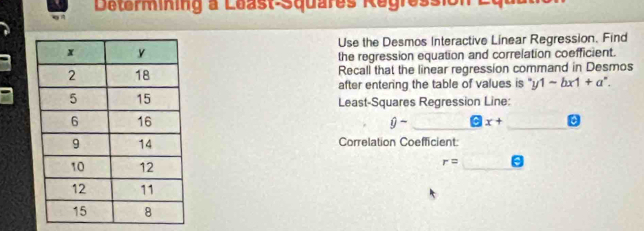 Determining à Léast-Squares Regression 2t 

Use the Desmos Interactive Linear Regression. Find 
the regression equation and correlation coefficient. 
Recall that the linear regression command in Desmos 
after entering the table of values is '' y1-bx1+a^n. 
Least-Squares Regression Line:
hat y- x+ a
Correlation Coefficient:
r=