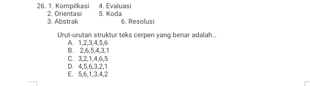 Kompilkasi 4. Evaluasi
2. Orientasi 5. Koda
3. Abstrak 6. Resolusi
Urut-urutan struktur teks cerpen yang benar adalah...
A. 1, 2, 3, 4, 5, 6
B. 2, 6, 5, 4, 3, 1
C. 3, 2, 1, 4, 6, 5
D. 4, 5, 6, 3, 2, 1
E. 5, 6, 1, 3, 4, 2